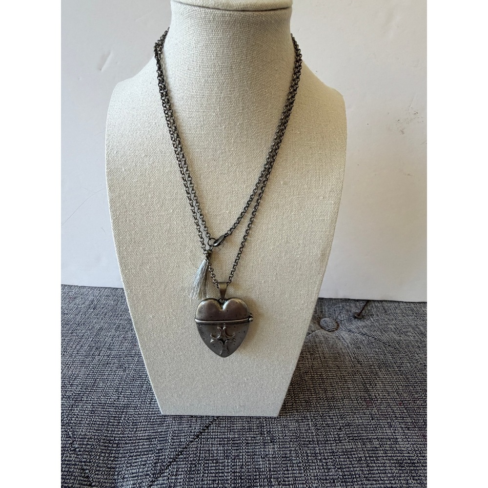 Vintage Style Heart Locket Cross Necklace Pewter Tone Tassel Magnetic Closure